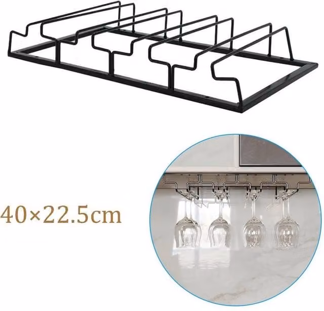 SPETLEK Hanging Wine Glass Holder with 4 Slots and Shelf, Black, W: 40 cm, D: 22.5 cm, H: 22.5 cm – 1