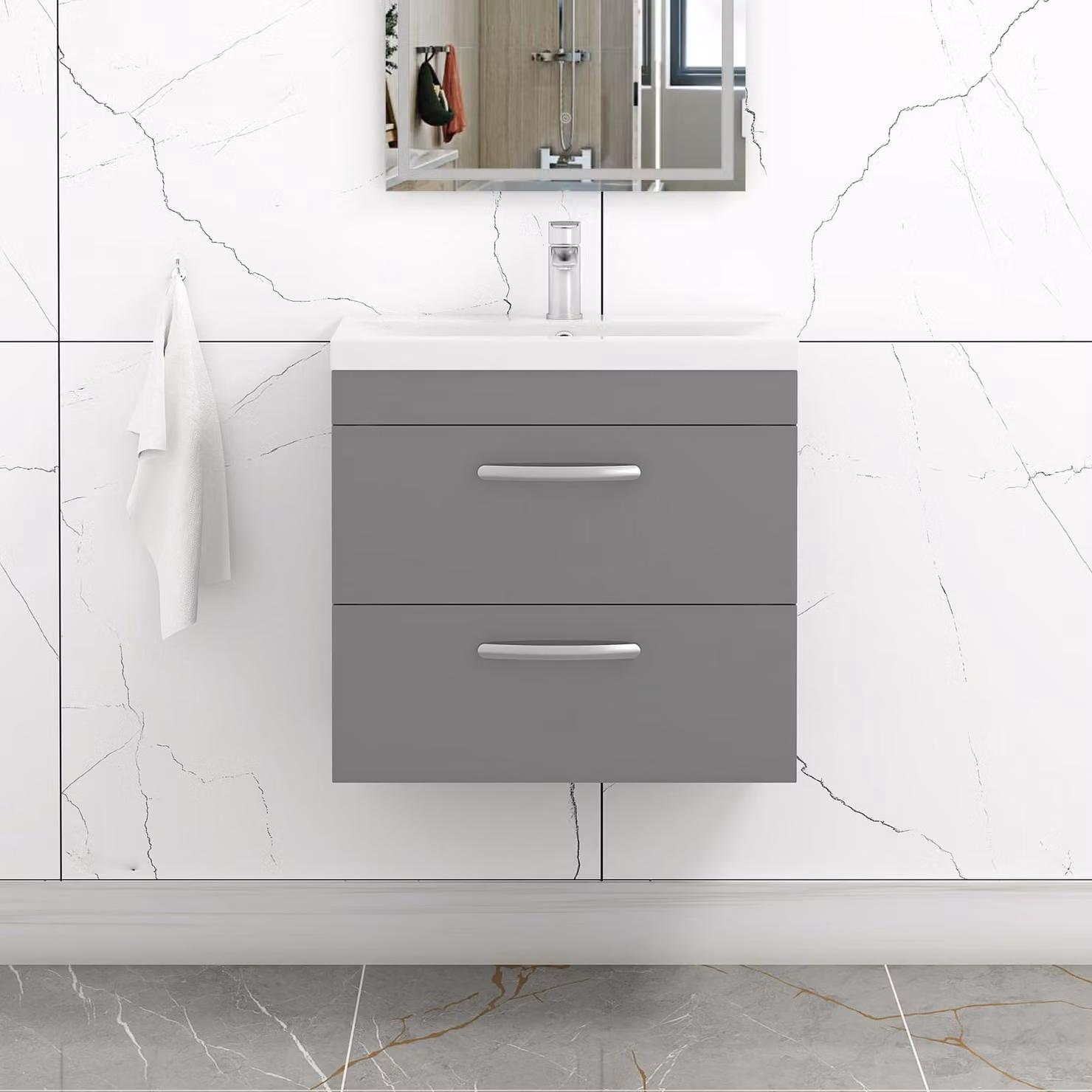 Royal Bathrooms Turin Wall Hung Vanity Unit, Indigo Grey Gloss, 2 Drawers, Width: 60 cm