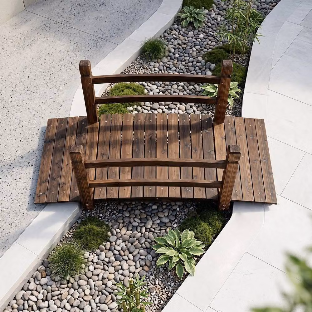 Havendro Fir Wood Garden Bridge with Safety Railings in Brown, 125 cm – 3