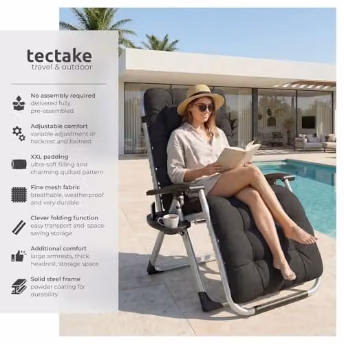 tectake Sun Lounger Cloud in Black with Adjustable Headrest, Side Tray and Cup Holders – 4