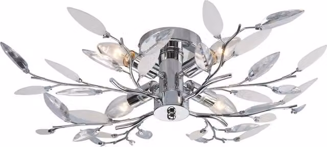 Modern Organic Birch Semi Flush Ceiling Light with Clear and White Leaves by Happy Homewares in Silver and Chrome