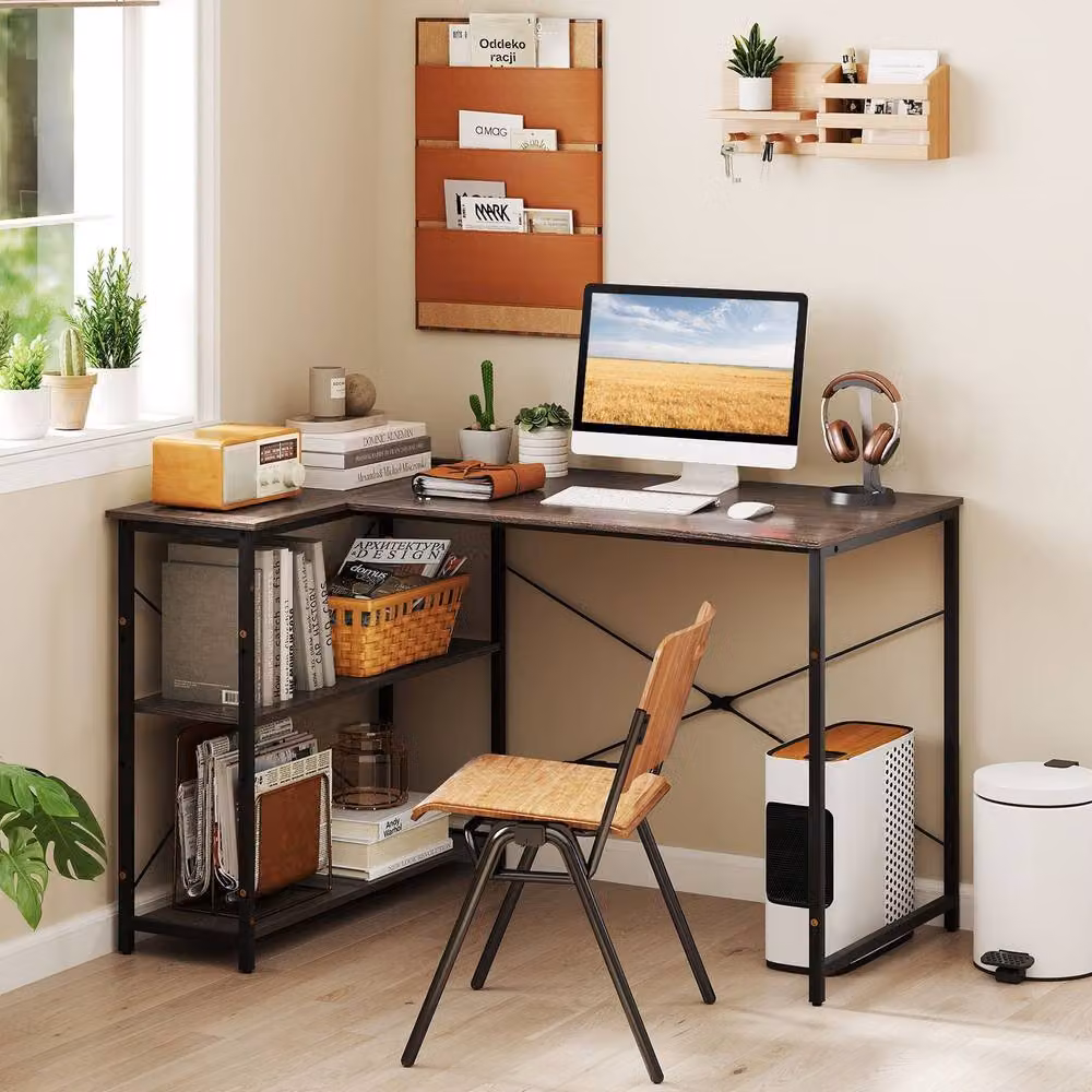Costway L-shaped Corner Computer Desk with Power Outlet and Reversible Shelves in Grey – 2