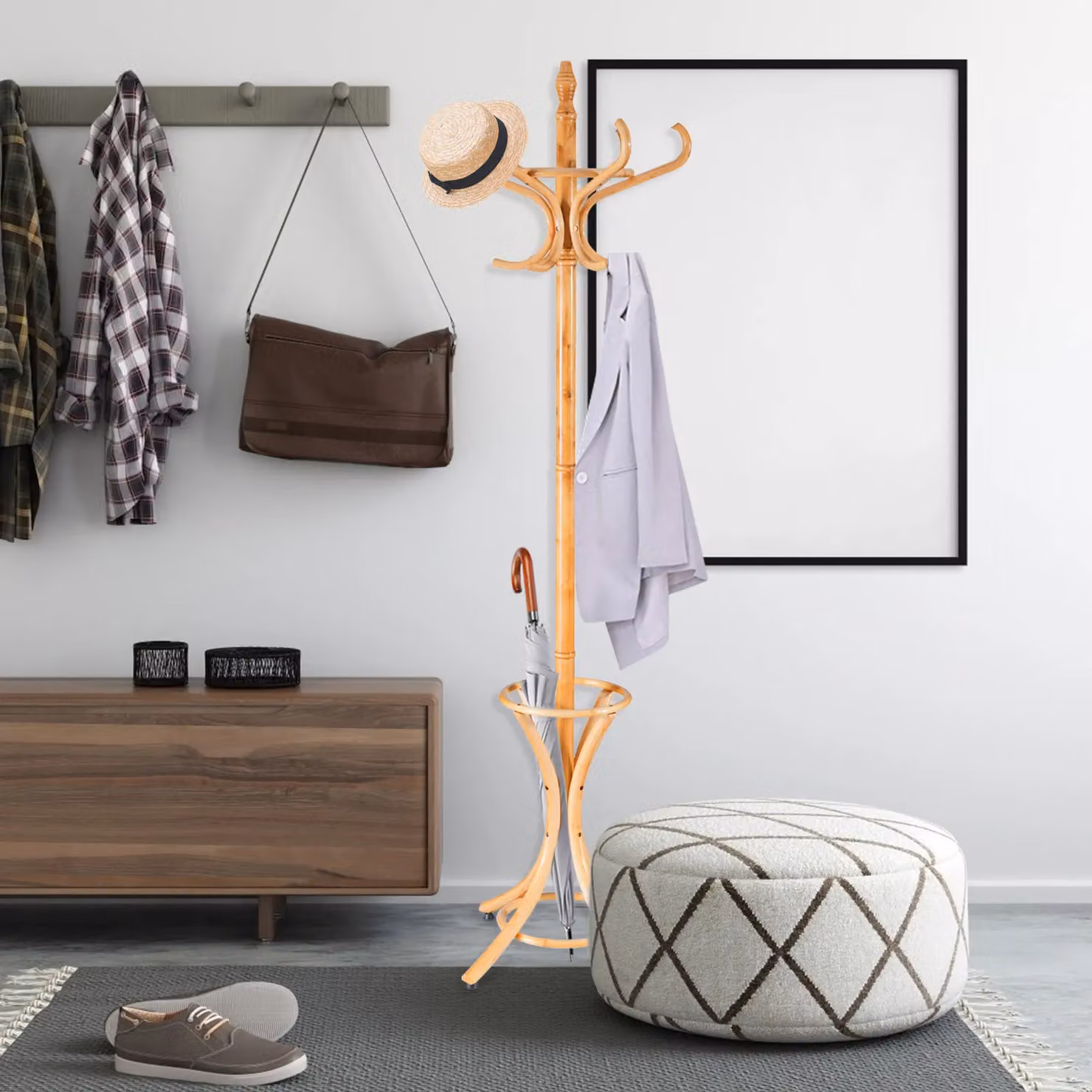Costway Scandinavian Solid Wood Floor Standing Coat and Jacket Stand with Umbrella Rack in Natural Birch – 4
