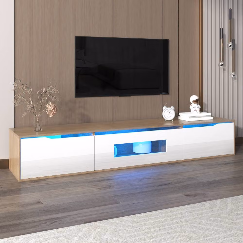 ModernLuxe High-gloss White TV Cabinet with Door and Colour-changing LED Lights, W: 180 cm, H: 35 cm, D: 35 cm – 3