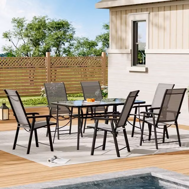 Livingandhome Black Outdoor Bistro Set with Rectangular Glass Table and 7 Folding Chairs