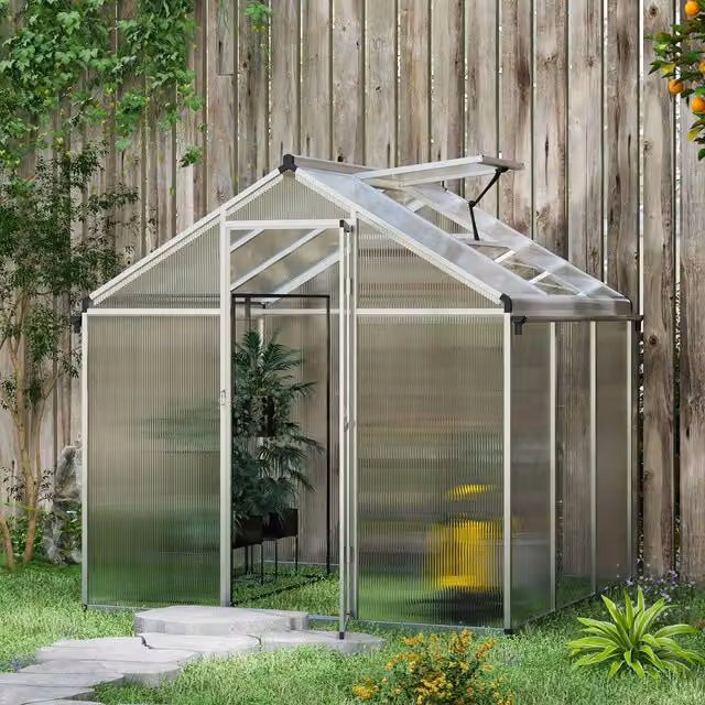 OUTSUNNY Aluminium Greenhouse with Door Window and Galvanised Base in Silver, W/D/H: 195 x 192 x 185 cm – 1