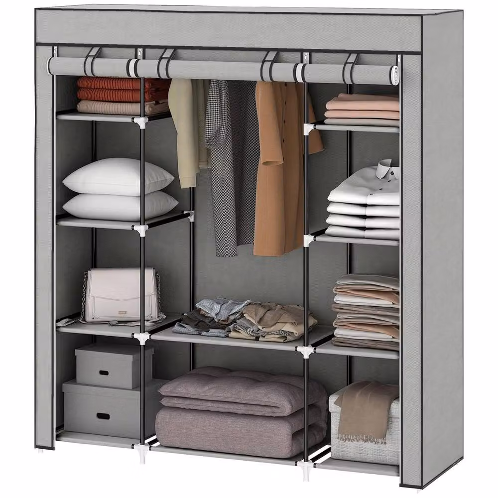 FORGEVIO Portable Fabric Wardrobe with 10 Shelves and Hanging Rod in Grey, H: 162.5 cm x W: 150.0 cm – 3