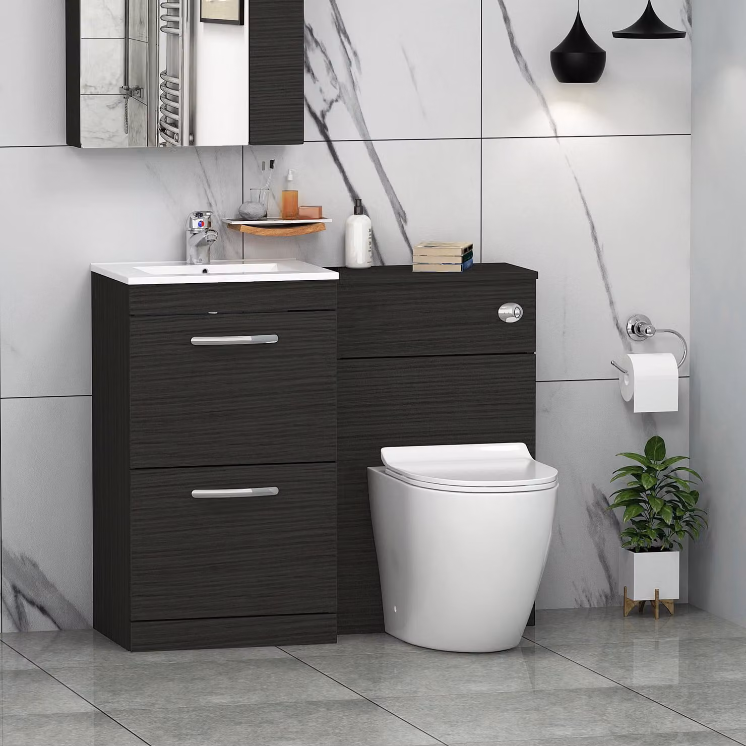 Royal Bathrooms Hale Black 2 Drawer Furniture Pack with Minimalist Basin and Slim Elva Back to Wall Toilet, Width: 100 cm