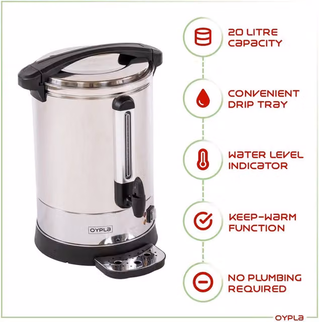 Oypla 20L Electrical Catering Hot Water Boiler in Silver Stainless Steel