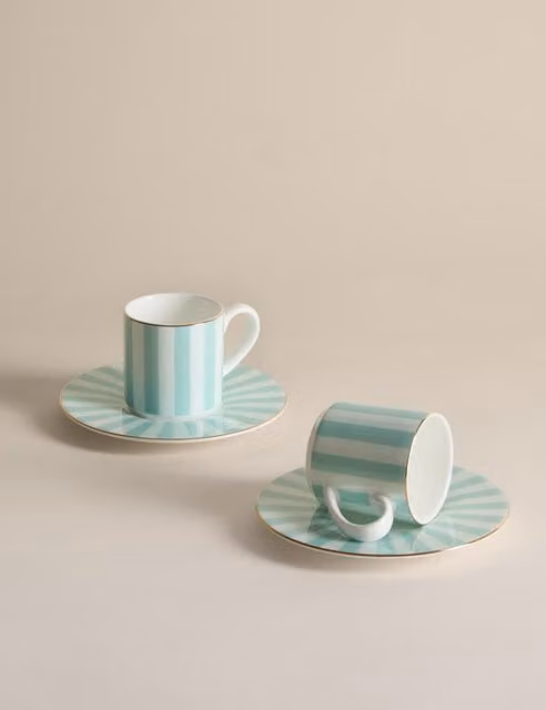 M&S Bone China Striped Espresso Cup and Saucer Set, 2 Pack, Green and Multicolour