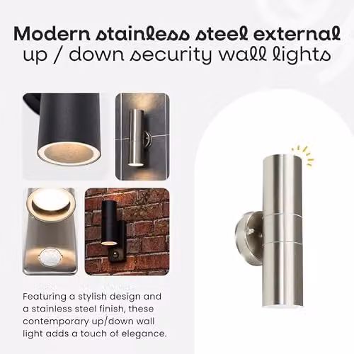 MiniSun Modern Black Stainless Steel Outdoor Up/Down Wall Lights, Pair of 2 with Warm White LED Bulbs Included – 2