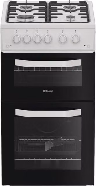 Hotpoint HTG5GCW White Twin Cavity Freestanding Gas Cooker with 59L Capacity and A+ Energy Rating