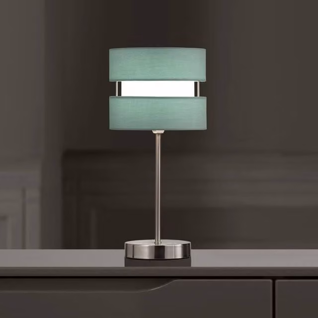 K LIVING Chrome Table Lamp with Blue Fabric Shade, H 38 cm x W 18 cm