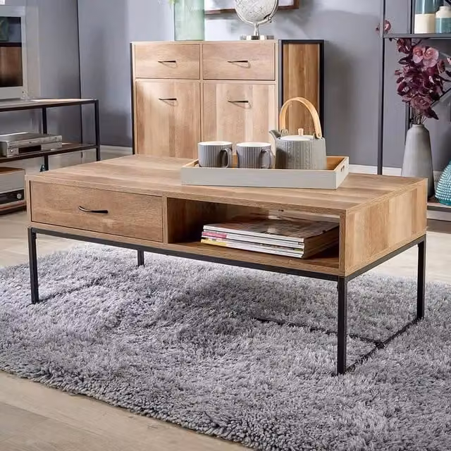 FORGEVIO Industrial Coffee Table with Storage Organiser in Brown Oak Effect and Black Metal