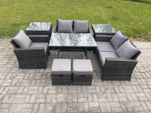 Fimous Grey PE Rattan Garden Dining Set with Rectangular Table, Double Sofa, 2 Side Tables and 2 Footstools