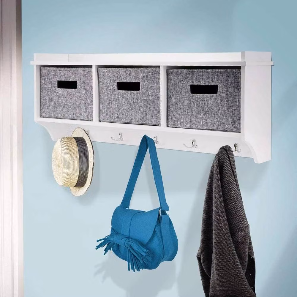 FORGEVIO White Wooden Storage Shelf and Coat Hook Rack – 2