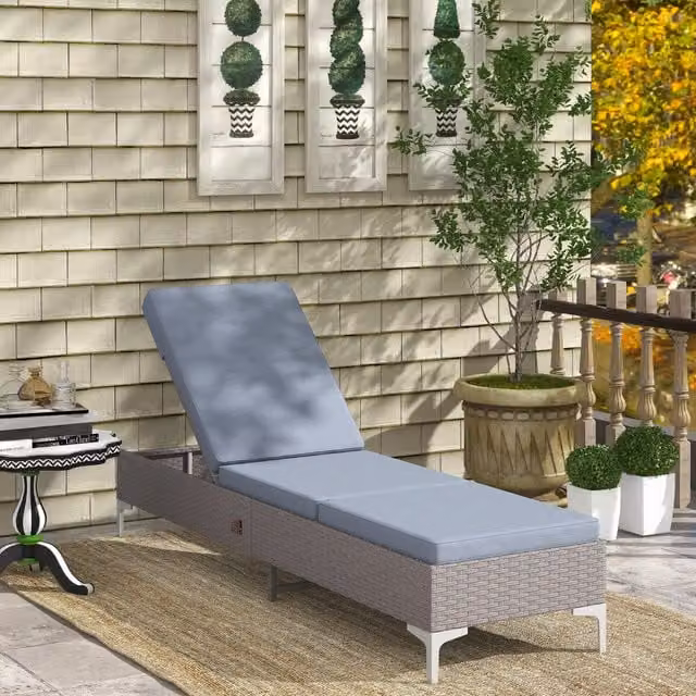 Outsunny Single PE Rattan Sun Lounger with Adjustable Headrest in Grey