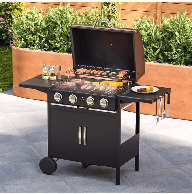 Living and Home 4-Burner Propane Gas Grill with Wheels and Warming Rack in Black – 1
