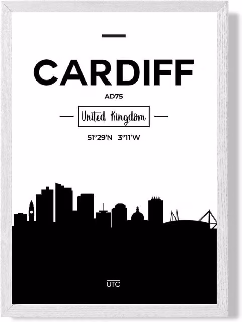 ARTZE Cardiff Black and White City Skyline Framed Print in White Frame – 1