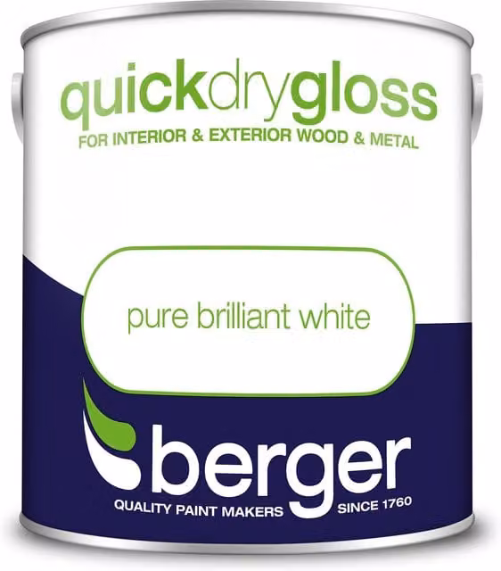 Berger Quick Dry Gloss Water Based Paint for Wood and Metal, White, 2.5 l