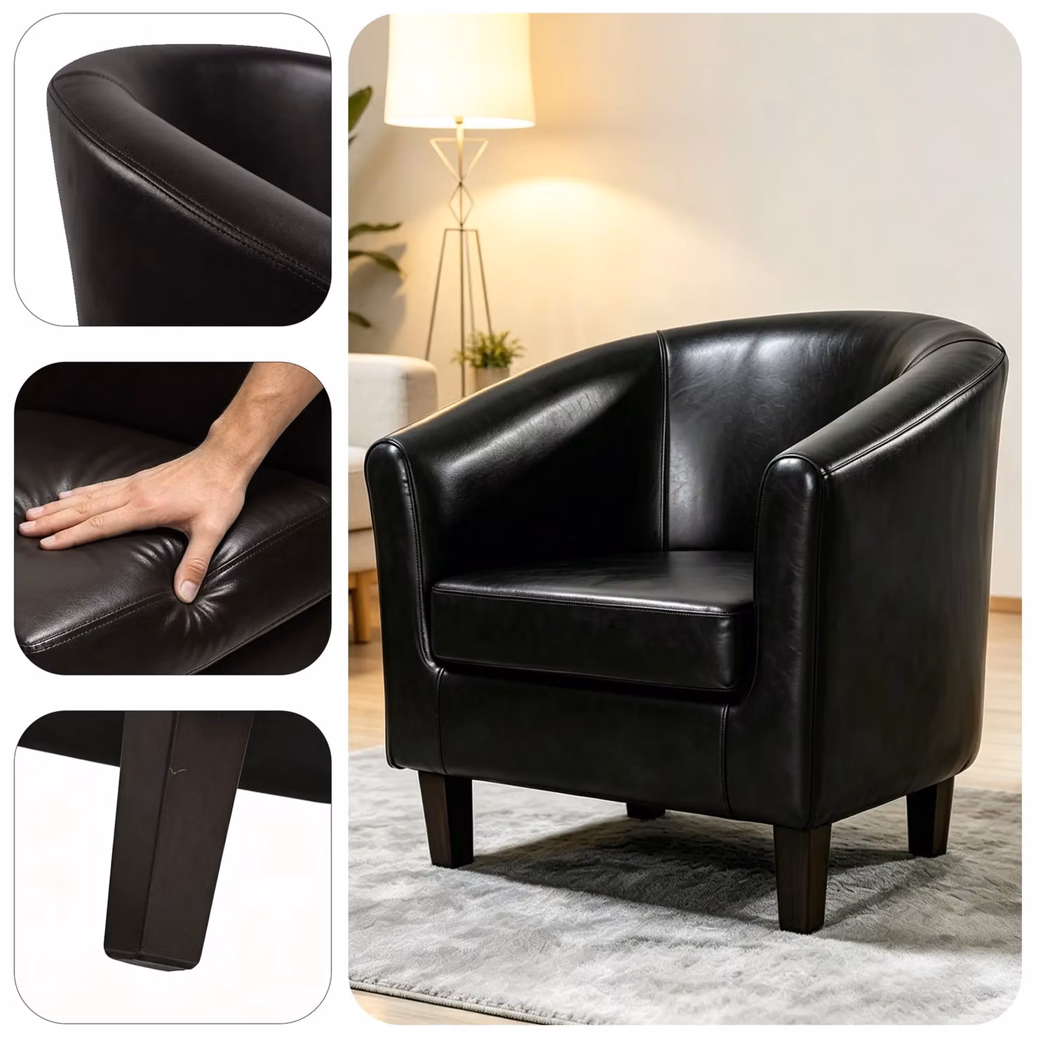 MCC Direct Black Faux Leather Retro Tub Armchair with Solid Wood Frame – 4