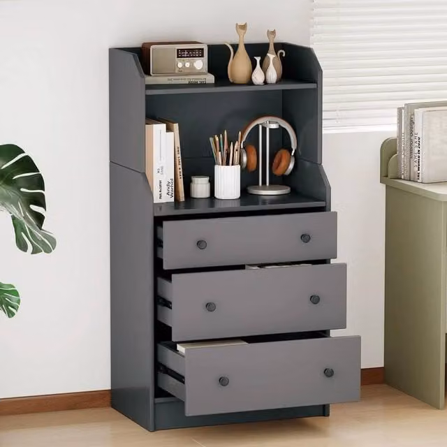 KORVIXA 3-Drawer Storage Organizer Dresser with Shelves in Grey, Width: 100 cm