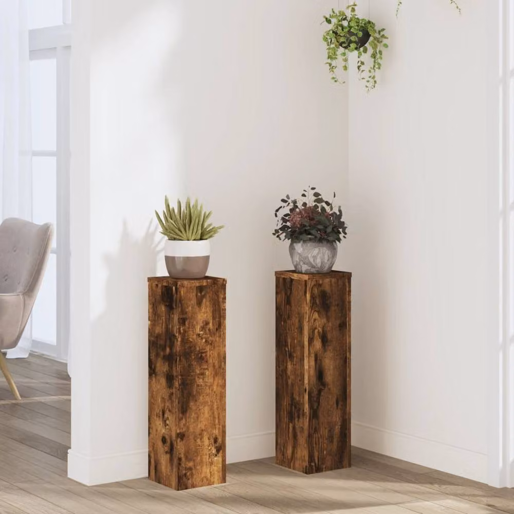 Berkfield Home Set of 2 Modern Smoked Oak Plant Stands in Brown, W/D/H: 17 x 17 x 60 cm – 2