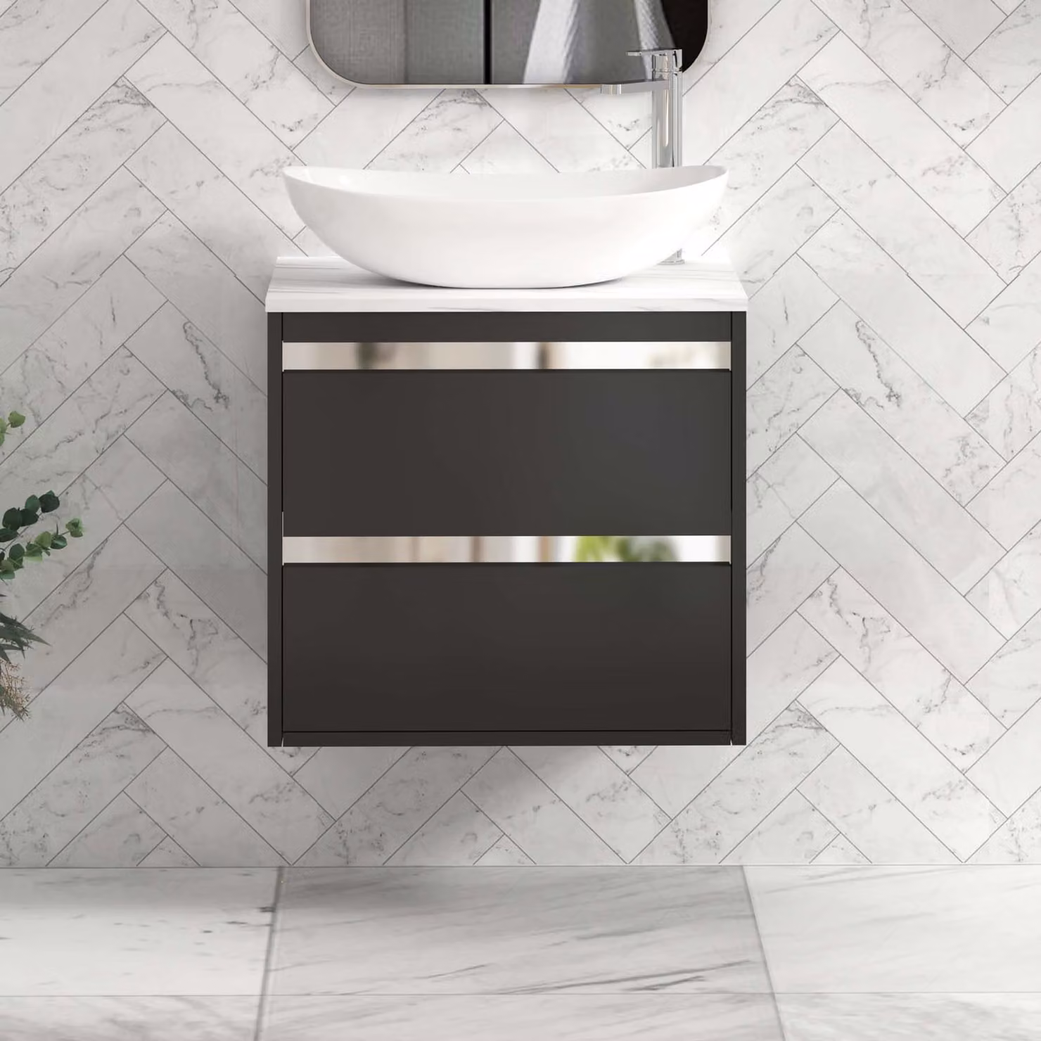 Royal Bathrooms Orion 800mm Matt Obsidian Black Wall Hung Vanity Unit with Cesar Basin and Chrome Accent Trim