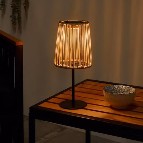 OHS Natural Rattan Solar Table Lamp with Dusk Sensor for Garden and Balcony