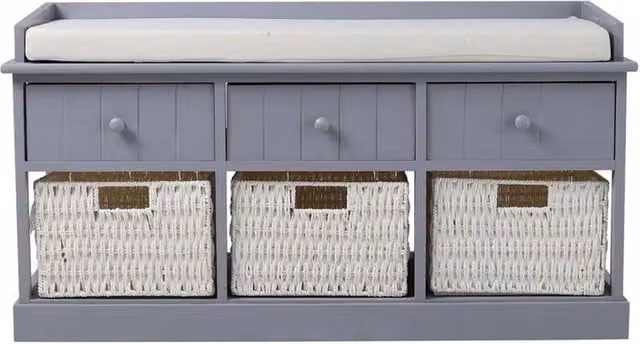 PAWNORA Grey Bench Storage Cabinet with 3 Drawers and 3 Baskets
