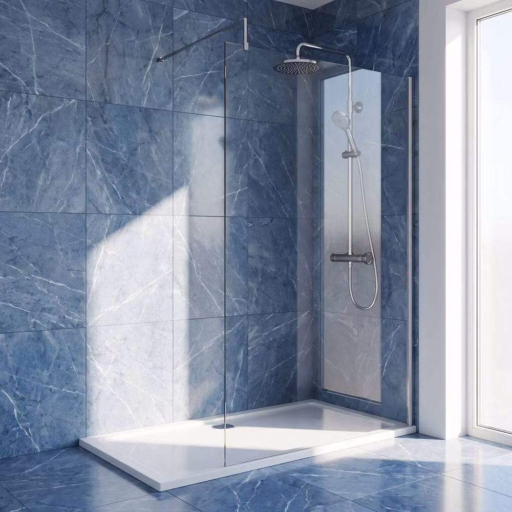 Balterley 8mm Frameless Single Panel Wetroom Screen and Support Bar, Clear Glass, Silver, W: 140 cm, H: 185 cm – 2
