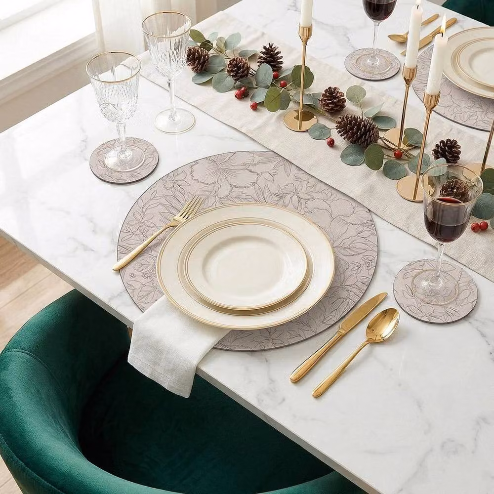 KORVIXA 6-Pack Round Faux Leather Placemats and Coasters in Grey – 5