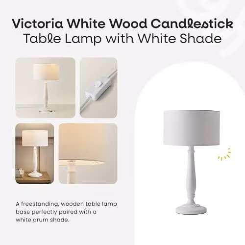 ValueLights Traditional White Wood Candlestick Table Lamp with Black Fabric Drum Shade and LED Bulb – 1