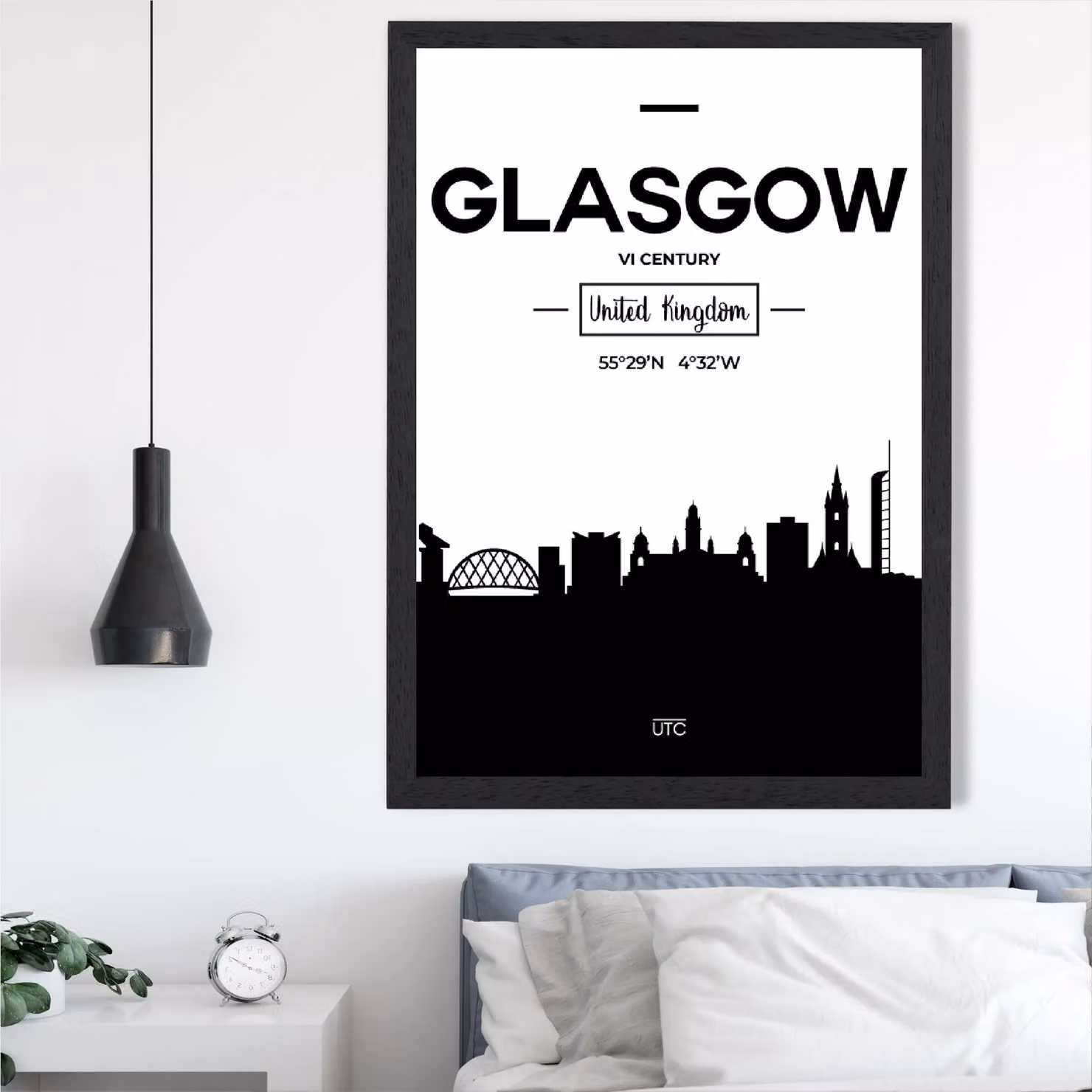 ARTZE Glasgow Black and White City Skyline Framed Print, A2 – 2