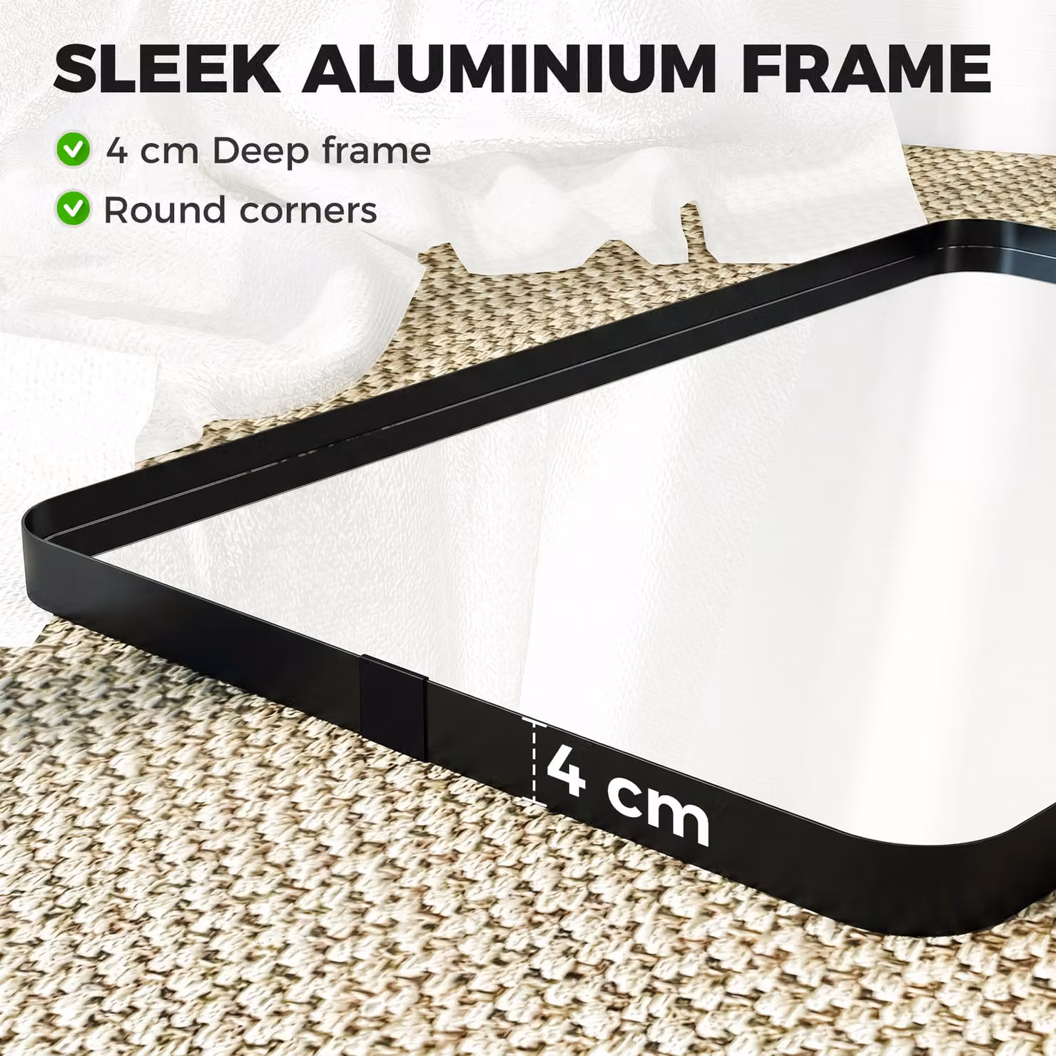 HOMCOM Rectangular Wall Mounted Bathroom Mirror with Aluminium Alloy Frame and Tempered Glass, Black, W: 90 cm, H: 60 cm – 3