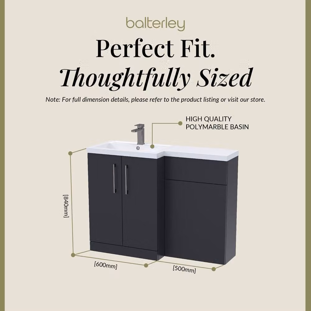 Balterley Modern Left-Hand Vanity and WC Unit Combination in Matt Grey, W: 110 cm, H: 84 cm – 4
