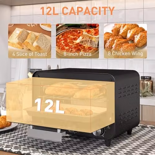 HOMCOM 12L Multifunction Mini Countertop Toaster Oven with Grill and Glass Door, Black – 4