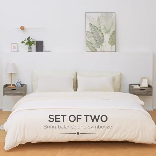 HOMCOM Set of 2 Grey Wall Mounted Floating Nightstands – 2