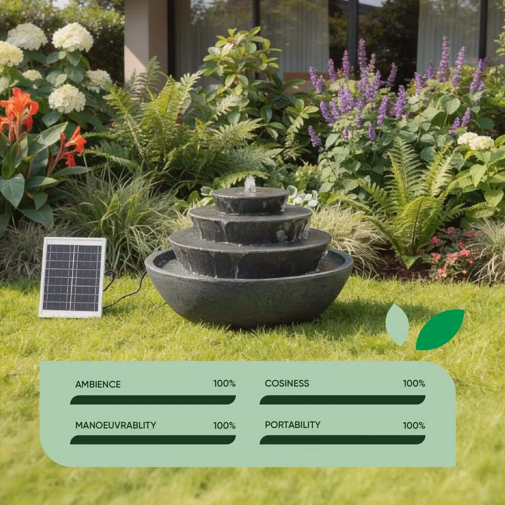 Gardenwize Solar Tiered Stacked Bowl Cascade Water Feature in Dark Grey with Warm White LED Lights and Battery Backup, H 54.0 cm x W 32.5 cm x D 54.0 cm – 5