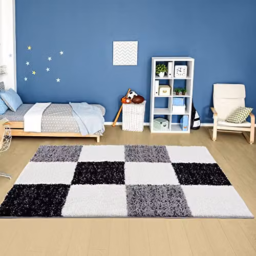 THE RUGS Grey Checked Modern High Pile Shaggy Area Rug, W: 140 cm, L: 200 cm – 2