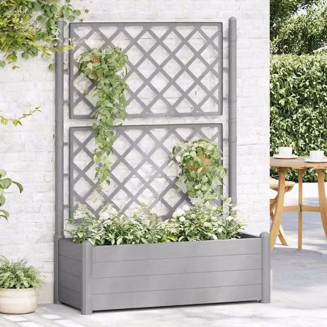 Berkfield Home Beautiful Garden Planter with Trellis in Stone Grey, W/D/H: 100 x 43 x 142 cm