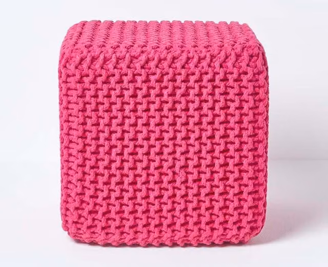 Homescapes Cube Cotton Knitted Pouffe Footstool in Pink