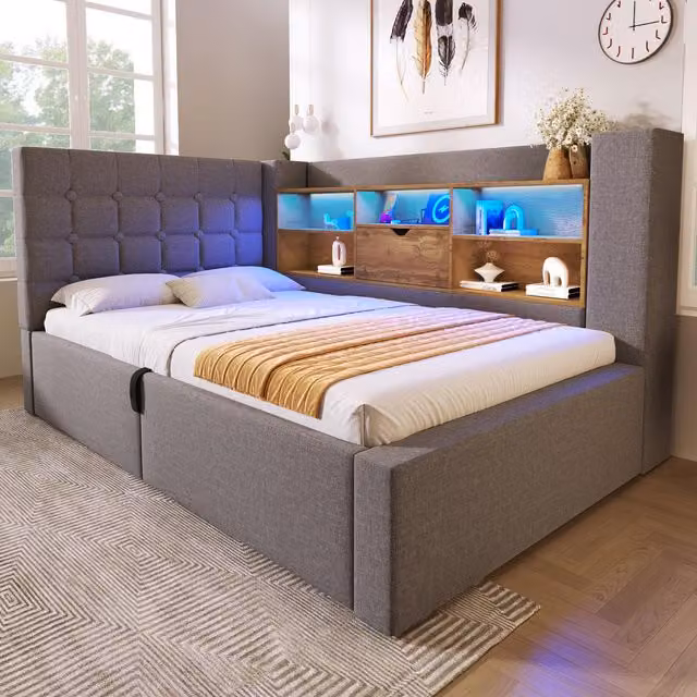 Aosom UK Grey Upholstered Single Bed with Hydraulic Storage and Interchangeable L-shaped Headboard, W/D/H: 108 x 203 x 86 cm – 1