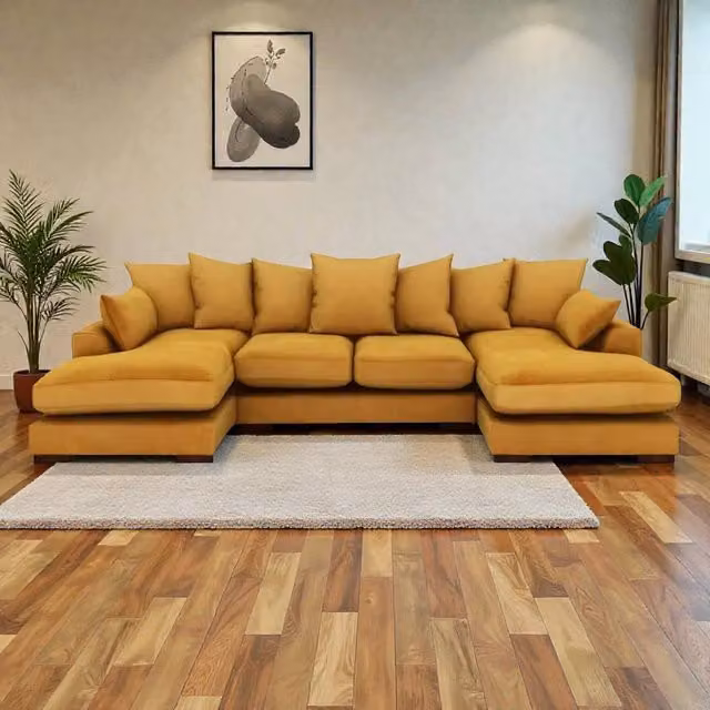 Snug Furniture Birmingham Ltd Linea Reversible U-Shape Double Ended Plush Velvet Sofa with Matching Ottoman and Scatter Cushions in Mustard – 1