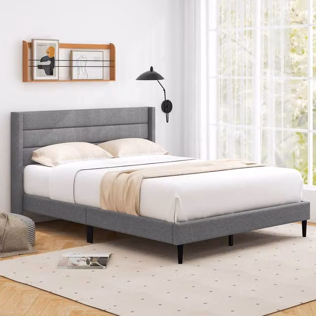 Costway Grey Linen Upholstered Double Bed Frame with Headboard, W/D/H: 140 x 200 cm