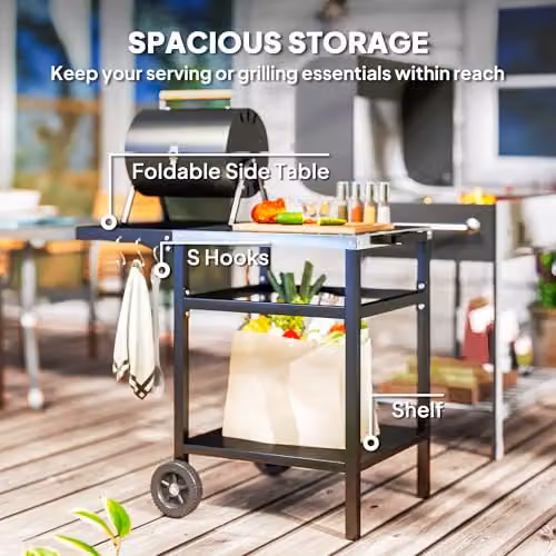 Outsunny Black Foldable BBQ Trolley and Pizza Oven Side Table with Wheels – 4