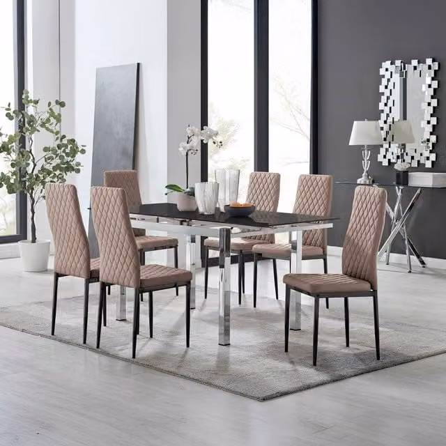Furniturebox Enna Black Glass Extending Dining Table and 6 Milan Black Leg Chairs in Cappuccino