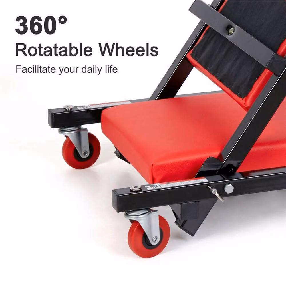 VOGREX Rolling Mechanic Creeper Trolley with Headrest and Side Trays in Red – 3
