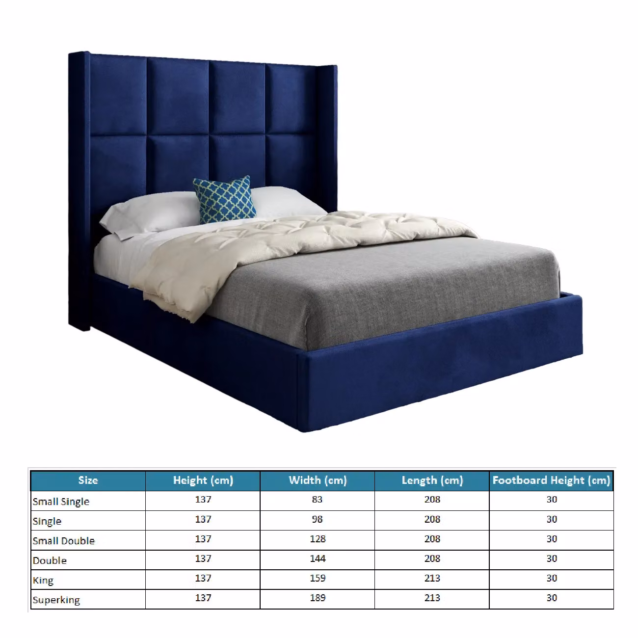 KDMD Quanta Small Single Straight Winged Upholstered Velvet Bed Frame in Blue – 4