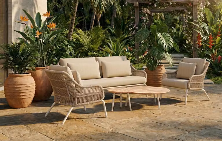 MINT Originals Cora 5-Seater Beige Woven Rope and Powder Coated Aluminium Garden Sofa Set with Coffee Table and Cushions